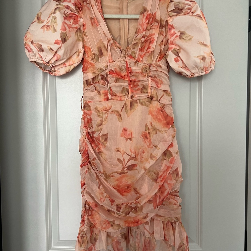 PrettyLittleThing Pink and Orange Ruched Puff Sleeve Midi Dress